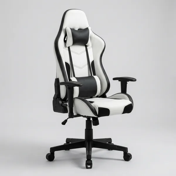 Chaise gaming blanche et noire à dossier inclinable, illustration générique